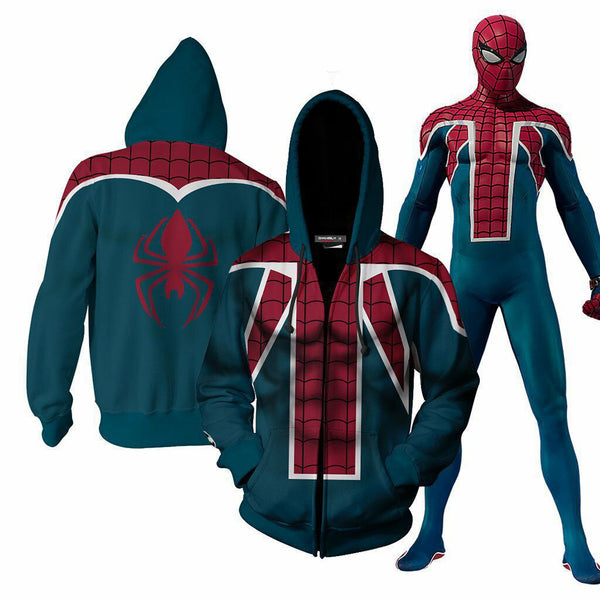 Spider-UK Suit Captain Britain Corps Spiderman Zip Up Hoodie Unisex Cosplay Jacket Coat