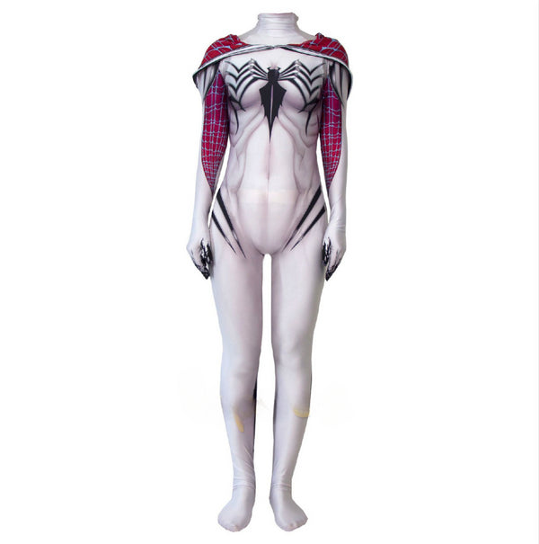 White Gwen Stacy Venom Hooded Costume Anti Gwenom Cosplay Suits Superhero Zentai Jumpsuit