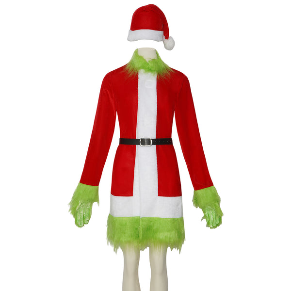 Funny Grinching Xmas Cosplay Santa Claus Women's Outfit Dress with Santa Hats